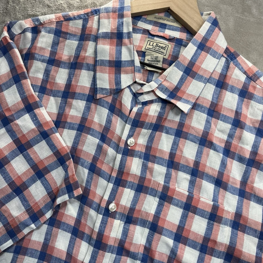 Vintage LL Bean Shirt Men's Linen 2XL Button Up Plaid Slightly Fitted